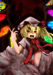 Rule 34 | 1girl, alternate costume, angry, bad id, bad pixiv id, blonde hair, bow, bowtie, colored eyelashes, dress, embodiment of scarlet devil, eyelashes, fangs, female focus, fingernails, flandre scarlet, gradient background, hand up, hat, highres, kanchigai, long fingernails, midriff, nail polish, nature, navel, open mouth, outdoors, plant, red eyes, red sky, short hair, short sleeves, silhouette, sky, solo, touhou, wings