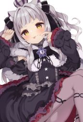 Rule 34 | 1girl, animal ear fluff, animal ears, armpits, black capelet, black dress, black ribbon, blush, brooch, capelet, cat ears, commentary request, crown, detached sleeves, dress, grey hair, hair ornament, hair ribbon, highres, hololive, jewelry, long hair, looking at viewer, muku (muku-coffee), murasaki shion, murasaki shion (gothic lolita), pantyhose, ribbon, solo, star brooch, tongue, tongue out, virtual youtuber, yellow eyes