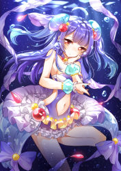 Rule 34 | 1girl, ahoge, air bubble, bare shoulders, blue background, blue dress, blue hair, blue one-piece swimsuit, bow, breasts, bubble, clothing cutout, detached collar, dress, firuo (king fish), frilled dress, frilled swimsuit, frills, hair ornament, hand on own cheek, hand on own face, long hair, navel, navel cutout, noa (shironeko project), one-piece swimsuit, purple bow, red eyes, shironeko project, solo, swimsuit, underwater