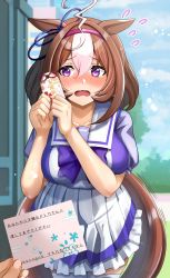 Rule 34 | 1girl, absurdres, ahoge, animal ears, blush, bow, bowtie, breasts, brown hair, card, charm (object), collarbone, commentary request, grass, hair between eyes, hair ornament, highres, holding, horse ears, horse girl, horse tail, large breasts, looking at viewer, meisho doto (umamusume), multicolored hair, open mouth, pleated skirt, pov, pov hands, puffy short sleeves, puffy sleeves, purple bow, purple eyes, purple shirt, sailor collar, sailor shirt, school uniform, shirt, short sleeves, skirt, sky, solo focus, streaked hair, summer uniform, tail, tracen school uniform, translation request, two-tone hair, umamusume, white hair, white skirt, yami anko