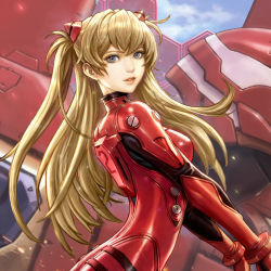 Rule 34 | 1girl, artist request, ass, blue eyes, blue sky, bodysuit, breasts, brown hair, cowboy shot, eva 02, eyepatch, hair ornament, lips, long hair, looking to the side, mecha, medium breasts, neon genesis evangelion, plugsuit, red bodysuit, robot, simple background, skin tight, sky, smile, solo, souryuu asuka langley, twintails, two side up, very long hair