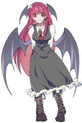 Rule 34 | 1girl, boots, bow, breasts, brown bow, brown footwear, buttons, closed mouth, collar, dress, eyes visible through hair, full body, grey dress, hair between eyes, head wings, highres, holding, koakuma, long hair, long sleeves, looking at viewer, medium breasts, nayozane (worker7), necktie, pink hair, red eyes, red necktie, shirt, simple background, smile, solo, standing, touhou, white background, white collar, white shirt, white sleeves, wings