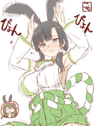 Rule 34 | 2girls, ^ ^, adapted costume, animal ears, aqua eyes, armpits, arms up, artist name, assault lily, bare shoulders, black hair, blunt bangs, blush, bouncing breasts, breasts, brown hair, chibi, chibi inset, closed eyes, closed mouth, commentary request, cowboy shot, detached sleeves, drooling, fake animal ears, gochisousama (tanin050), green hakama, hair ornament, hair over shoulder, hair ribbon, hakama, hakama short skirt, hakama skirt, hand up, heart, highres, japanese clothes, kuo shenlin, large breasts, long hair, long sleeves, looking at viewer, looking down, low ponytail, motion lines, multiple girls, nontraditional miko, nose blush, one side up, open mouth, pom pom (clothes), pom pom hair ornament, rabbit ears, rabbit pose, raised eyebrows, ribbon, rope, shimenawa, shirt, side ponytail, sideboob, simple background, skirt, sleeveless, sleeveless shirt, smile, speech bubble, spoken character, sweat, tassel, teeth, thumbs up, translated, upper teeth only, wang yujia, white background, white shirt, wide sleeves