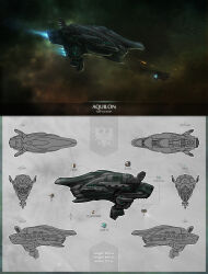 Rule 34 | absurdres, battle, battleship (eve online), cannon, commentary, concept art, damaged, dust cloud, english text, eve online, firing, flying, from above, from behind, from below, from side, gallente federation (eve online), glowing, highres, missile pod, multiple views, no humans, original, outdoors, photoshop (medium), polarlex, projectile trail, realistic, science fiction, sky, smoke, space, spacecraft, star (sky), starry sky, thrusters, projectile trail, turret