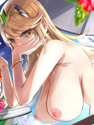 Rule 34 | absurdres, armpits, blonde hair, bracelet, breasts, breasts out, completely nude, elbows on table, hanging breasts, headdress, highres, jewelry, large breasts, looking at viewer, mythra (xenoblade), nipples, nude, sky, tomas (kaosu22), xenoblade chronicles (series), xenoblade chronicles 2, yellow eyes