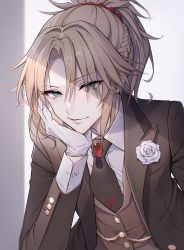 Rule 34 | 1girl, absurdres, alternate costume, bambi-25, black jacket, black necktie, blonde hair, boutonniere, braid, breast pocket, chain, collared shirt, commentary request, crown braid, fate/grand order, fate (series), flower, formal, french braid, gloves, green eyes, grey vest, head rest, heroic spirit formal dress, highres, jacket, lapels, looking at viewer, mordred (fate), mordred (fate/apocrypha), mordred (formal dress) (fate), necktie, peaked lapels, pocket, red scrunchie, rose, scrunchie, shirt, smile, solo, suit, upper body, vest, white flower, white gloves, white rose, white shirt