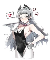 Rule 34 | 1girl, arknights, bare arms, bare shoulders, black leotard, blush, bow, bowtie, breasts, cleavage, commentary request, covered navel, detached collar, fake tail, gloves, grey eyes, grey hair, groin, hair intakes, hand on own hip, hand up, highres, holding, holding tray, horn/wood, irene (arknights), leotard, long hair, looking at viewer, pantyhose, pink bow, pink bowtie, rabbit tail, simple background, small breasts, solo, standing, strapless, strapless leotard, tail, tray, very long hair, white background, white gloves, white pantyhose