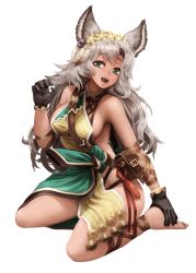 Rule 34 | 1girl, :d, animal ears, barbariank, bare shoulders, barefoot, between breasts, black gloves, breasts, claw pose, commentary, dark-skinned female, dark skin, erune, fang, feather hair ornament, feathers, flower, full body, gloves, granblue fantasy, green eyes, grey hair, hair flower, hair ornament, long hair, looking at viewer, medium breasts, nemone, open mouth, pouch, sideboob, sitting, smile, solo, strap between breasts, teeth, transparent background, wavy hair