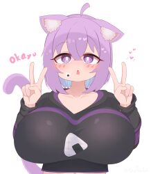 Rule 34 | 1girl, :o, absurdres, ahoge, animal ear fluff, animal ears, blush, breasts, bright pupils, cat ears, cat girl, cat tail, character name, collarbone, commentary, commentary request, cropped hoodie, drooling, english commentary, fang, gabai, hair between eyes, hands up, heart, highres, hololive, hood, hoodie, huge breasts, long sleeves, looking at viewer, medium hair, mixed-language commentary, mouth drool, navel, nekomata okayu, nekomata okayu (1st costume), onigiri print, open mouth, purple eyes, purple hoodie, simple background, skin fang, solo, tail, two-tone hoodie, upper body, variant set, virtual youtuber, white background, white pupils