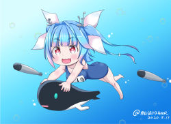 Rule 34 | 1girl, 1other, abyssal ship, blue background, blue hair, blue one-piece swimsuit, dated, fang, gradient background, hair ribbon, i-19 (kancolle), i-class destroyer, kantai collection, long hair, masara (chuujou), name tag, one-piece swimsuit, red eyes, ribbon, school swimsuit, skin fang, smile, star-shaped pupils, star (symbol), swimsuit, symbol-shaped pupils, tri tails, twintails, underwater