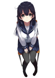 Rule 34 | 10s, 1girl, absurdres, black eyes, black hair, black pantyhose, blush, breasts, chair, from above, full body, highres, kantai collection, knees together feet apart, kou mashiro, long hair, long sleeves, looking at viewer, looking up, miniskirt, pantyhose, pleated skirt, school uniform, serafuku, simple background, sitting, skirt, solo, ushio (kancolle), white background