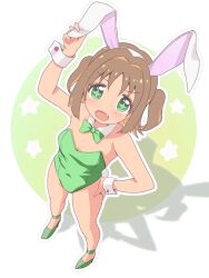 Rule 34 | + +, 1girl, :d, alternate costume, animal ears, arm up, bare arms, bare legs, bare shoulders, bow, bowtie, brown hair, commentary, covered navel, detached collar, fake animal ears, fang, flat chest, from above, full body, green bow, green bowtie, green eyes, green footwear, green leotard, hair intakes, hairband, hand on own hip, highres, leotard, looking at viewer, looking up, oka asahi, onii-chan wa oshimai!, open mouth, orange hair, outline, playboy bunny, rabbit ears, rabbit tail, shadow, shoes, simple background, smile, solo, standing, star (symbol), strapless, strapless leotard, tail, two side up, unkimo, white hairband, white outline, wrist cuffs