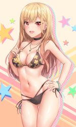 Rule 34 | 1girl, absurdres, barbell piercing, bikini, black bikini, blush, blustar sky, breasts, choker, collarbone, commentary, contrapposto, cowboy shot, ear piercing, english commentary, floral print, gem, gluteal fold, hair between eyes, hand on own chest, hand on own hip, highres, industrial piercing, jewelry, kitagawa marin, korean commentary, large breasts, long hair, looking at viewer, medium breasts, mixed-language commentary, multi-strapped bikini, nail polish, navel, necklace, o-ring, o-ring bikini, open mouth, piercing, pink nails, print bikini, red eyes, revision, ring, side-tie bikini bottom, simple background, smile, sono bisque doll wa koi wo suru, swimsuit, thigh gap