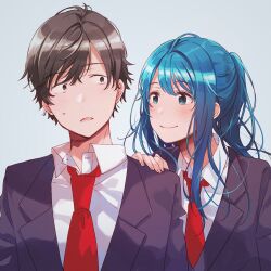 1boy 1girl black_hair black_jacket blazer blue_background blue_eyes blue_hair blush closed_mouth collared_shirt commentary_request dress_shirt fly_(marguerite) hair_between_eyes hand_on_another&#039;s_shoulder jacket jaku-chara_tomozaki-kun looking_at_another nanami_minami necktie open_mouth ponytail red_necktie sanpaku school_uniform shirt short_hair sidelocks simple_background smile split_mouth sweatdrop tomozaki_fumiya upper_body very_short_hair white_shirt