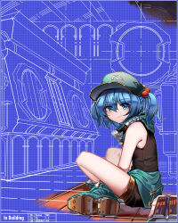 Rule 34 | 1girl, absurdres, bare shoulders, blue eyes, blue hair, blueprint (object), blueprint background, boots, closed mouth, clothes around waist, eyes visible through hair, gold trim, hair bobbles, hair ornament, hat, highres, kawashiro nitori, light smile, long hair, looking at viewer, sitting, solo, tank top, top-exerou, touhou, twintails