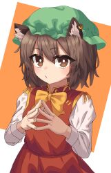 Rule 34 | 1girl, animal ears, bow, bowtie, bright pupils, brown eyes, brown hair, cat ears, chen, earrings, eyes visible through hair, gold trim, hair between eyes, hat, jewelry, looking at viewer, mob cap, o3o, red vest, short hair, single earring, solo, steepled fingers, strangenovel, touhou, upper body, vest, yellow bow, yellow bowtie