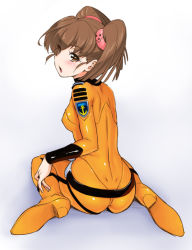 Rule 34 | 10s, 1girl, ass, blush, bodysuit, brown eyes, brown hair, chestnut mouth, from behind, hair ornament, high heels, kazuma muramasa, looking at viewer, looking back, misaki yuria, open mouth, shiny clothes, sitting, skin tight, solo, twintails, uchuu senkan yamato, uchuu senkan yamato 2199, uniform, wariza
