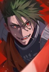 Rule 34 | 1boy, absurdres, achilles (fate), armor, fate/apocrypha, fate (series), fighting stance, furrowed brow, green hair, haruakira, highres, light particles, looking ahead, male focus, mature male, open mouth, orange sash, red background, red eyes, short hair, shoulder armor, solo, sweat, teeth, undercut, veiny face