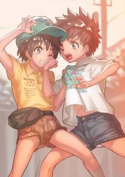 Rule 34 | 2boys, angry, baseball cap, blurry, blurry background, brown hair, child, clenched teeth, denim, denim shorts, eyebrows, fanny pack, fighting, green headwear, hand up, hat, kashiwamochi nagita, looking at another, male focus, multiple boys, one eye closed, open mouth, original, outdoors, polo shirt, punching, shirt, shirt grab, short hair, short sleeves, shorts, standing, t-shirt, tearing up, teeth, telephone pole, thick eyebrows, upper teeth only
