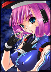 Rule 34 | 1girl, android, black gloves, blue background, blue eyes, blunt bangs, breasts, covered erect nipples, cum, cum in mouth, cum on body, cum on upper body, curly hair, facial, gloves, halterneck, hand on own chest, hat, large breasts, looking at viewer, lou, lou (phantasy star), maihara matsuge, open mouth, phantasy star, phantasy star universe, pink hair, pinky out, portrait, robot ears, shoulder pads, sleeveless, solo, turtleneck