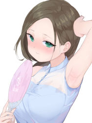 Rule 34 | 1girl, 3:, arm up, armpits, blouse, blue shirt, blush, brown hair, closed mouth, forehead, green eyes, hand fan, hand up, long hair, looking at viewer, original, paper fan, shirt, simple background, sleeveless, sleeveless shirt, solo, stain, sweat, uchiwa, upper body, ushinomiya, white background