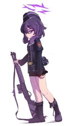 Rule 34 | 1girl, bags under eyes, blue archive, boots, breasts, fp6, garrison cap, gun, hair ornament, hairclip, haruka (blue archive), hat, itsukarine, juliet sleeves, long sleeves, military uniform, miniskirt, puffy sleeves, purple eyes, purple hair, short hair, shotgun, skirt, small breasts, uniform, weapon, white background