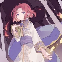 Rule 34 | 1boy, aged down, book, cape, commentary, cowboy shot, fire, fire emblem, fire emblem: thracia 776, forehead, holding, holding book, long sleeves, looking at viewer, male focus, nintendo, nozomu (dherbray-anc), purple cape, purple eyes, red hair, robe, saias (fire emblem), short hair, solo, standing, white robe