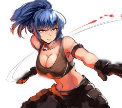 Rule 34 | 1girl, attack, bad id, bad twitter id, bare shoulders, belko, belt, black gloves, blood, blue eyes, blue hair, breasts, cleavage, closed mouth, commentary request, cowboy shot, dog tags, frown, gloves, large breasts, legs apart, leona heidern, looking at viewer, metal slug, midriff, pants, ponytail, solo, tank top, the king of fighters, whistle
