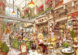 Rule 34 | 6+boys, 6+girls, alcohol, annie belton, awning, balcony, bar (place), bird, blonde hair, bookshelf, border, bottle, brick wall, cafe, chair, chalkboard, clock, coffee maker, cup, dog, drinking straw, framed, glass, lamp, long hair, matsuda (matsukichi), menu, menu board, money, multiple boys, multiple girls, original, photo (object), picture frame, plant, railing, rolling suitcase, sandals, saucer, short hair, sitting, stairs, suitcase, table, tile floor, tile roof, tiles, wall clock, window, wine