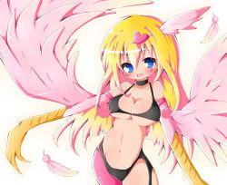 Rule 34 | 1girl, bad id, bad pixiv id, blonde hair, blue eyes, blush, breasts, claws, cleavage, duel monster, feathers, hair ornament, harpie girl (yu-gi-oh!), harpy, heart, heart hair ornament, long hair, monster girl, navel, open mouth, pink wings, smile, solo, underboob, utubo25, winged arms, wings, yu-gi-oh!, yu-gi-oh! duel monsters