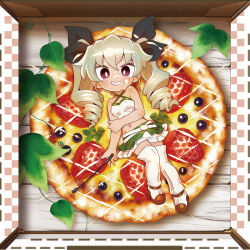 Rule 34 | 10s, 1girl, alternate costume, anchovy (girls und panzer), boots, box, cake, chaki (teasets), chibi, drill hair, food, food request, full body, girls und panzer, green hair, green skirt, grin, hair ribbon, in box, in container, in food, long hair, looking at viewer, lying, midriff, miniskirt, on back, pleated skirt, race queen, red eyes, ribbon, skirt, smile, solo, thigh boots, thighhighs, twin drills, twintails, white footwear