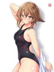 Rule 34 | arms behind back, artist logo, black one-piece swimsuit, breasts, brown hair, collarbone, competition swimsuit, covered navel, cowboy shot, flipped hair, green eyes, hair between eyes, highres, kantai collection, looking at viewer, medium breasts, mutsu (kancolle), one-piece swimsuit, sebunsu, short hair, simple background, solo, swimsuit, towel, two-tone swimsuit, white background