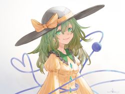 Rule 34 | 1girl, bad id, bad twitter id, black hat, blouse, blush, bow, bright pupils, buttons, diamond button, eyebrows hidden by hair, green eyes, green hair, grey background, hair between eyes, hat, hat bow, heart, heart of string, highres, io (io oekaki), juliet sleeves, komeiji koishi, long hair, long sleeves, looking at viewer, parted lips, puffy sleeves, shirt, signature, simple background, smile, solo, third eye, touhou, upper body, white pupils, yellow bow, yellow shirt