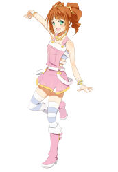Rule 34 | 1girl, :d, absurdres, belt, boots, cool &amp; sexy (idolmaster), green eyes, highres, idolmaster, idolmaster (classic), leg up, open mouth, orange hair, overalls, pink footwear, smile, solo, striped clothes, striped thighhighs, takatsuki yayoi, thighhighs, twintails, typezero, wrist cuffs
