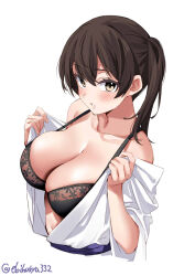 Rule 34 | 1girl, bare shoulders, black bra, black hair, blush, bra, breasts, brown eyes, brown hair, collarbone, cowboy shot, cropped torso, ebifurya, highres, japanese clothes, kaga (kancolle), kantai collection, large breasts, looking at viewer, one-hour drawing challenge, open clothes, parted lips, short hair, side ponytail, simple background, solo, strap gap, twitter username, underwear, white background, wide sleeves