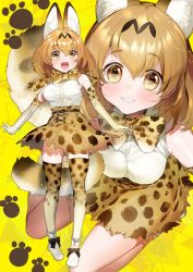 Rule 34 | 10s, 1girl, :d, animal ears, ankle boots, bare shoulders, belt, black bow, blush, boots, bow, bowtie, breasts, brown footwear, brown hair, cat ears, cat tail, cross-laced clothes, elbow gloves, gloves, grin, hair between eyes, kemono friends, light brown hair, looking at viewer, multiple views, no legwear, open mouth, paw print, pigeon-toed, serval (kemono friends), serval print, serval tail, short hair, sitting, skirt, sleeveless, smile, spread legs, standing, tail, thighhighs, triangle, unaligned breasts, wariza, yanyo (ogino atsuki), yellow background, yellow eyes, zettai ryouiki