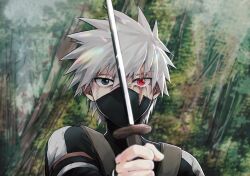 Rule 34 | 1boy, aged down, anbu, forehead protector, gloves, goma1132, hair between eyes, hatake kakashi, heterochromia, highres, holding, holding sword, holding weapon, looking at viewer, male focus, mask, mouth mask, naruto (series), naruto shippuuden, ninja, red eyes, scar, scar across eye, sharingan, short hair, short sword, solo, split theme, sword, sword in front of face, upper body, weapon