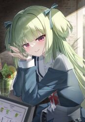 1girl absurdres blunt_bangs blush closed_mouth commentary_request green_hair hair_ribbon highres indoors jihua_tong long_hair long_sleeves looking_at_viewer murasame_(senren) own_hands_together palms_together red_eyes ribbon senren_banka sidelocks smile solo two_side_up very_long_hair