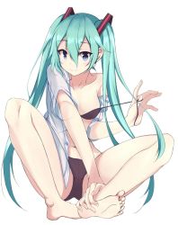 Rule 34 | 1girl, bare legs, barefoot, black bra, black panties, blue eyes, blue hair, bra, breasts, closed mouth, clothes down, collarbone, dress shirt, full body, hair between eyes, hair ornament, hatsune miku, highres, long hair, looking at viewer, open clothes, open shirt, panties, shirt, short sleeves, simple background, sitting, small breasts, smile, soles, solo, twintails, underwear, very long hair, vocaloid, white background, white shirt, xianyu (pixiv9677779)