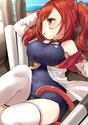 Rule 34 | 1girl, animal ears, azur lane, blue sky, breasts, cat ears, cat tail, commentary request, covered navel, day, highres, i-19 (azur lane), large breasts, long hair, looking away, lying, on back, one-piece swimsuit, parted lips, red eyes, red hair, rin2008, school swimsuit, sky, solo, swimsuit, tail, thighhighs, torpedo, twintails, white thighhighs