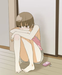 Rule 34 | 1girl, barefoot, cellphone, feet, female focus, full body, indoors, mattaku mousuke, original, phone, pigeon-toed, short hair, shorts, solo, spread toes, toes