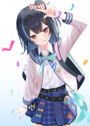 Rule 34 | 1girl, :3, absurdres, aqua bow, aqua bowtie, arm up, backpack, bag, belt, belted skirt, black belt, black hair, blue hair, blue sailor collar, blue skirt, blurry, blurry foreground, blush, bow, bowtie, bracelet, chain, commentary, confetti, cowboy shot, cpk prd, flat chest, frilled skirt, frills, gradient background, gyaru, hair bow, half-closed eyes, highres, idolmaster, idolmaster shiny colors, jacket, jewelry, long sleeves, looking at viewer, morino rinze, multicolored bag, multicolored hair, multicolored nails, nail polish, open collar, pleated skirt, red eyes, sailor collar, shirt, short hair, side ponytail, skirt, smile, solo, star sticker, tongue, tongue out, two-tone hair, v, white background, white jacket, white shirt, wristband