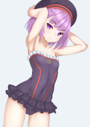 Rule 34 | 1girl, absurdres, armpits, arms behind head, arms up, bare shoulders, black dress, black hat, breasts, collarbone, dress, fate/grand order, fate (series), hat, helena blavatsky (fate), highres, looking at viewer, open mouth, purple eyes, purple hair, revision, short dress, short hair, small breasts, solo, thighs, yamachi (xadp7533)