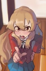 Rule 34 | 1girl, absurdres, aisaka taiga, black ribbon, blazer, blue skirt, brown hair, buttons, commentary, double-breasted, hair between eyes, hand on own hip, hand up, highres, index finger raised, indoors, jacket, light blush, long hair, long sleeves, looking at viewer, neck ribbon, open mouth, piku184, pleated skirt, pointing, pointing at viewer, red jacket, ribbon, school uniform, shirt, skirt, solo, standing, teeth, toradora!, white shirt