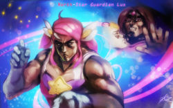 Rule 34 | 2boys, ahoge, alternate costume, crossover, dark skin, dark-skinned male, eyebrows, ezreal, fighting stance, gloves, hair ornament, hokuto no ken, kenshiro, league of legends, lux (league of legends), magical girl, manly, multiple boys, muscular, parody, phantom ix row, pink hair, raoh, raoh (hokuto no ken), solo focus, star (symbol), star guardian (league of legends), star guardian lux, style parody, taric, thick eyebrows, twintails, white gloves