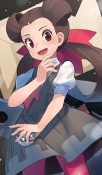 Rule 34 | 1girl, :d, black dress, blush, brown hair, collared shirt, commentary request, creatures (company), dress, forehead, game freak, heavy ball, highres, holding, holding poke ball, long hair, looking at viewer, monosenbei, nintendo, open mouth, pantyhose, poke ball, pokemon, pokemon oras, puffy short sleeves, puffy sleeves, red eyes, roxanne (pokemon), shirt, short sleeves, sleeveless, sleeveless dress, smile, solo, sweat, twintails, very long hair, white shirt