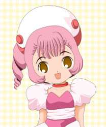 Rule 34 | 00s, 1girl, :d, checkered background, chibi, chobits, collarbone, drill hair, hat, looking at viewer, open mouth, pink hair, puffy short sleeves, puffy sleeves, sash, short sleeves, shorts, simple background, smile, solo, sumomo (chobits), upper body, yellow background