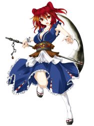 Rule 34 | 1girl, alternate weapon, armpits, bad id, bad pixiv id, bare shoulders, breasts, cleavage, female focus, full body, fuyuno taka, hair bobbles, hair ornament, highres, large breasts, onozuka komachi, red eyes, red hair, scythe, solo, tabi, touhou, transparent background, twintails, two side up, weapon, wrist cuffs