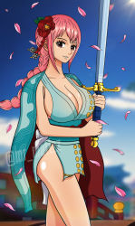 Rule 34 | 1girl, absurdres, artist name, artist request, bare legs, blue sky, blush, braid, breasts, cherry blossoms, cleavage, dress, female focus, flower, flower on head, hair flower, hair ornament, highres, holding, holding sword, holding weapon, japanese clothes, kimono, large breasts, long hair, looking at viewer, nipples, official alternate costume, one piece, one piece: treasure cruise, parted lips, petals, pink hair, rebecca (one piece), revealing clothes, shiny skin, short dress, simple background, single braid, sky, smile, solo, standing, sword, watermark, weapon, wide hips