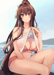 Rule 34 | 1girl, bare shoulders, between legs, bikini, blush, breasts, brown bikini, brown eyes, brown hair, closed mouth, clothes lift, hand between legs, high ponytail, highres, kantai collection, kasumi (skchkko), large breasts, lifted by self, long hair, looking at viewer, navel, ponytail, shirt, shirt lift, sitting, sleeveless, sleeveless shirt, solo, striped clothes, striped shirt, swimsuit, thighs, wet, yamato (kancolle)